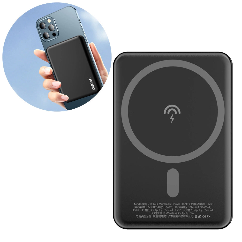 Externí bezdrátová baterie Dudao K14S, 5000mAh, 10W, PD + QI, 1 x QI - 1 x USB-C, Černá