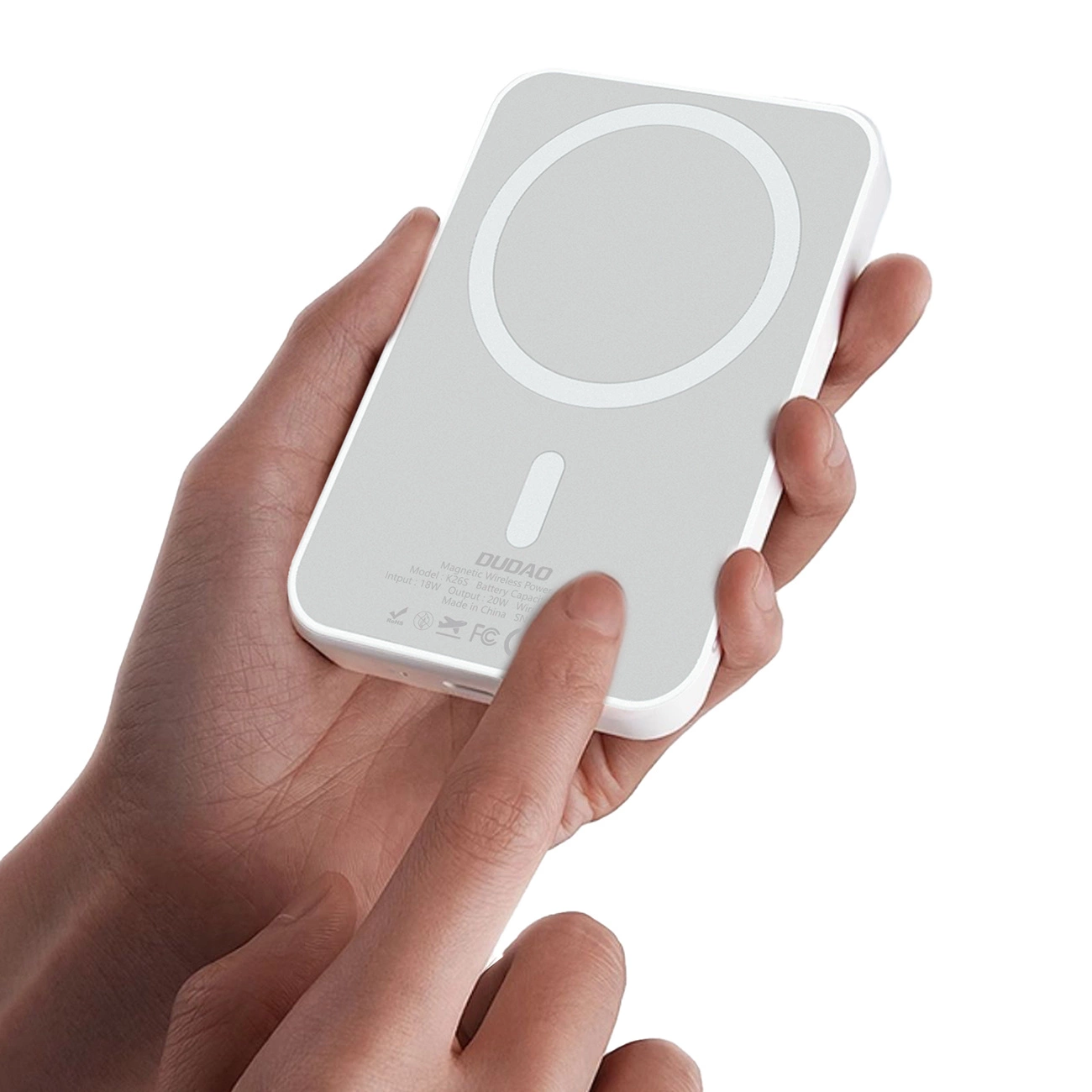 Bezdrátová externí baterie Dudao K26s, 5000mAh, 20W, PD + FQI, 1 x QI - 1 x USB-C, Bílá