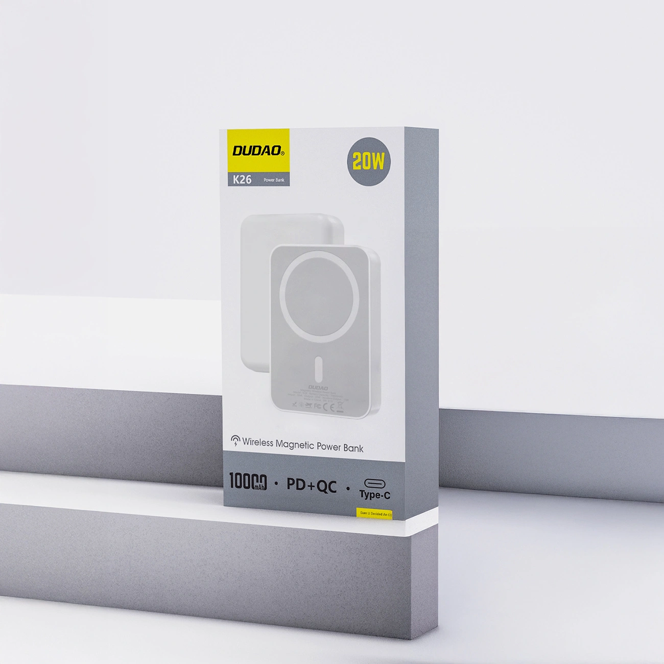 Bezdrátová externí baterie Dudao K26, 10000mAh, 20W, PD + FQI, 1 x QI - 1 x USB-C, Bílá