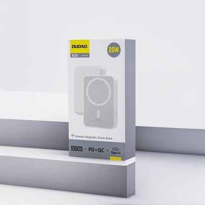 Bezdrátová externí baterie Dudao K26, 10000mAh, 20W, PD + FQI, 1 x QI - 1 x USB-C, Bílá