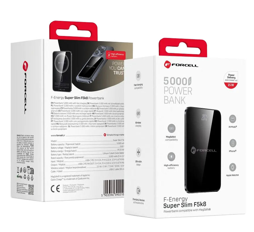 Externí bezdrátová baterie Forcell F5K8, 5000mAh, 15W, PD + FQI, 1 x QI - 1 x USB-C, Černá