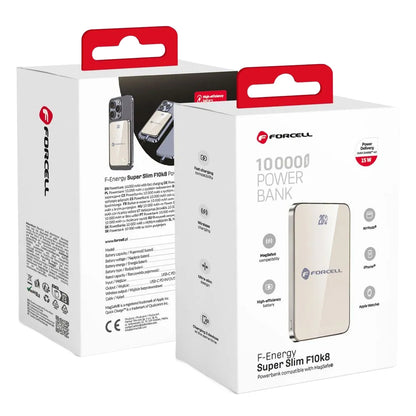 Bezdrátová externí baterie Forcell F10K8, 10000mAh, 15W, PD + FQI, 1 x QI - 1 x USB-C, Zlatá