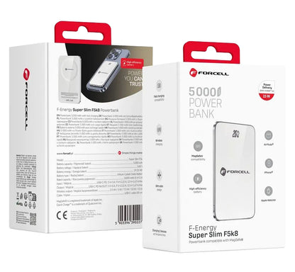 Externí bezdrátová baterie Forcell F5K8, 5000mAh, 15W, PD + FQI, 1 x QI - 1 x USB-C, Bílá