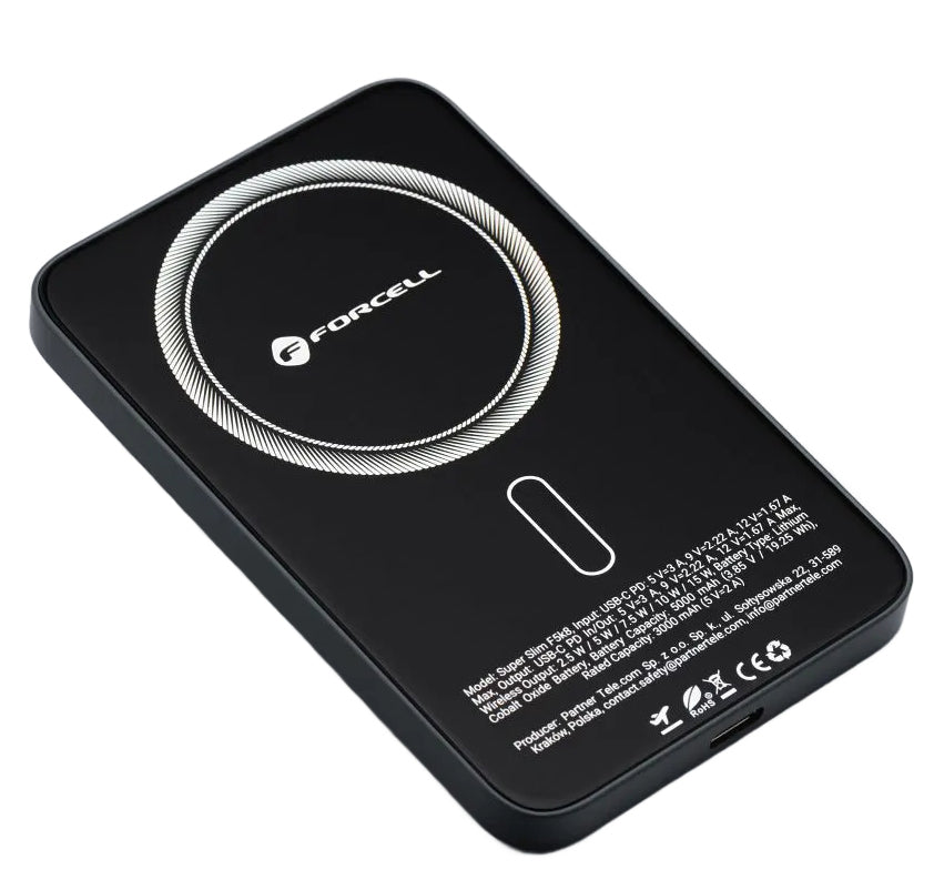 Externí bezdrátová baterie Forcell F5K8, 5000mAh, 15W, PD + FQI, 1 x QI - 1 x USB-C, Černá