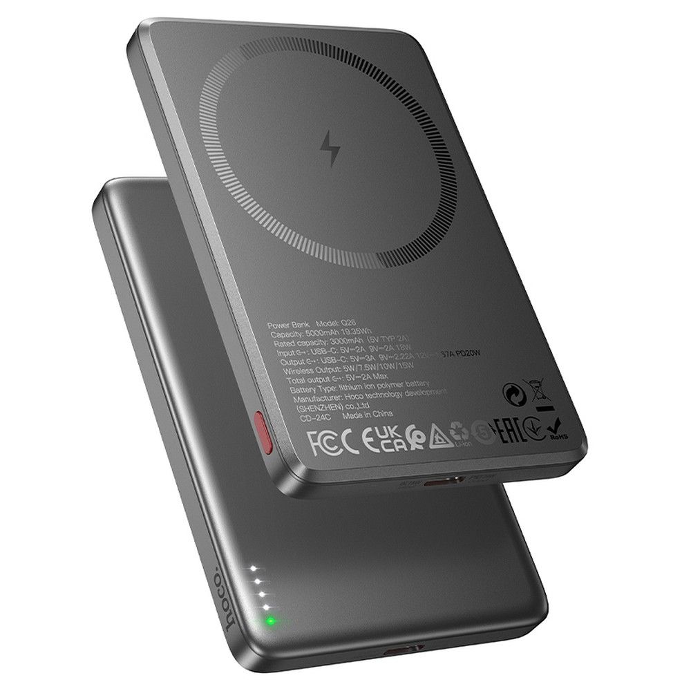 Bezdrátová externí baterie HOCO Q26, 5000mAh, 20W, PD + FQI, 1 x QI - 1 x USB-C, Šedá