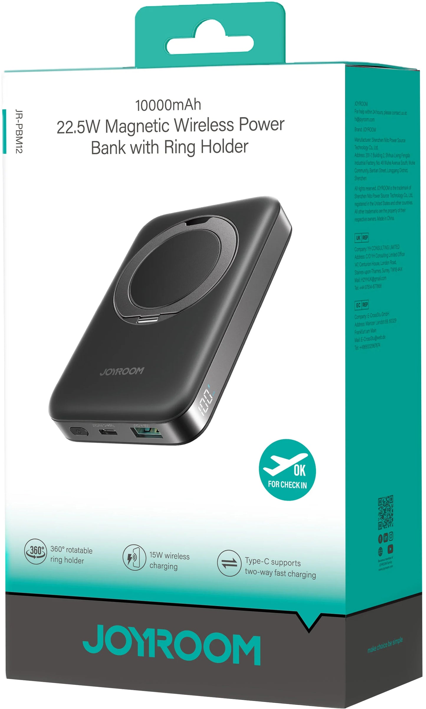 Bezdrátová externí baterie Joyroom JR-PBM12, 10000mAh, 22.5W, QC + PD + FQI, 1 x QI - 1 x USB-A - 1 x USB-C, Černá