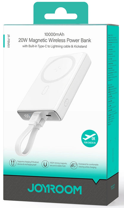 Bezdrátová externí baterie Joyroom JR-PBM01, 10000mAh, 20W, QC + PD + FQI, 1 x Lightning - 1 x QI - 1 x USB-C, Bílá