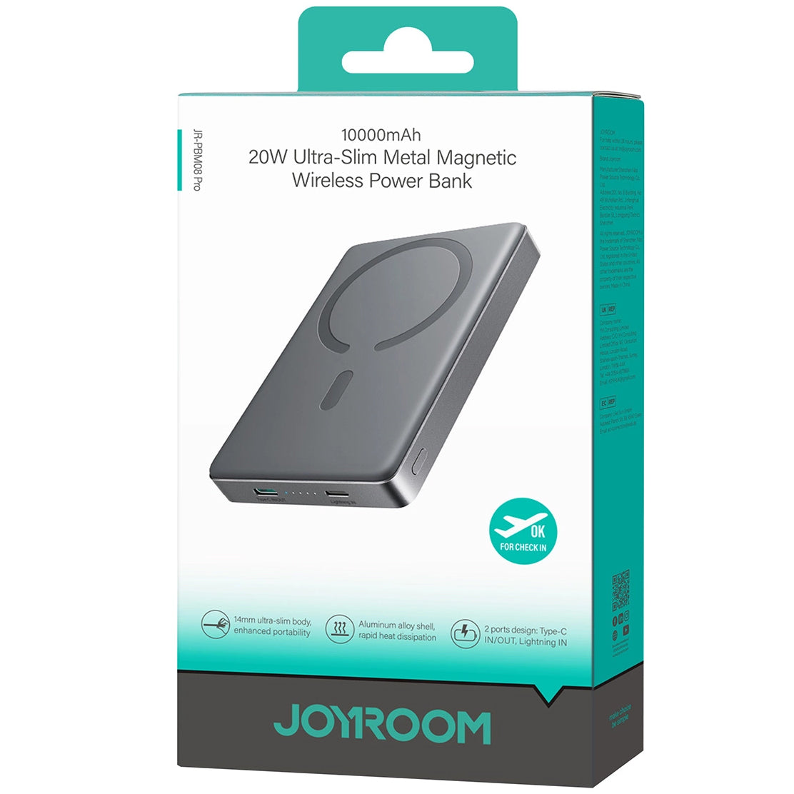Externí bezdrátová baterie Joyroom JR-PBM08 Pro, 10000mAh, 20W, PD + FQI, 1 x QI - 1 x USB-C, šedá