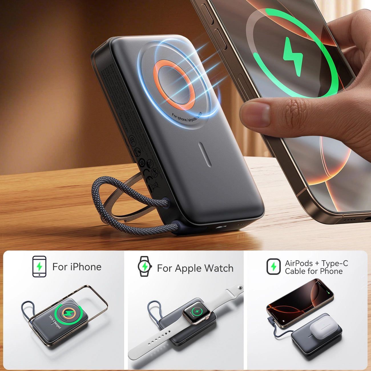 Bezdrátová externí baterie Joyroom JR-PBM02, 10000mAh, 22.5W, PD + FQI, 1 x QI - 2 x USB-C, černá