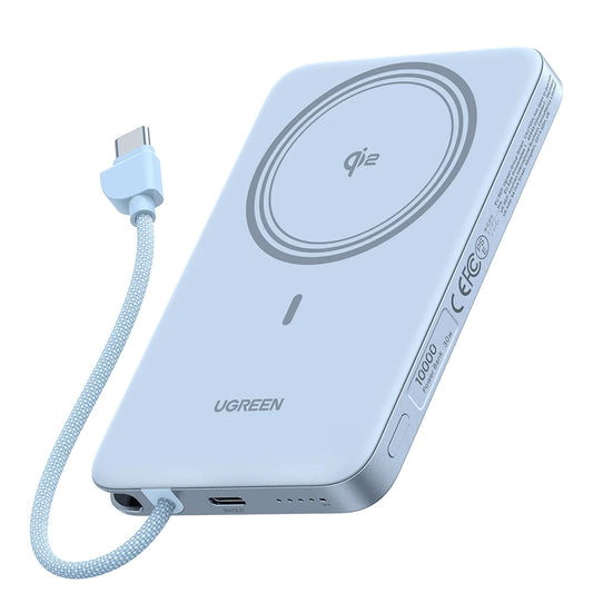 Bezdrátová powerbanka UGREEN PB570 (65839B), 10 000 mAh, 30 W, PD + FQI, 1× Qi – 2× USB-C, modrá