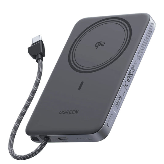 Bezdrátová powerbanka UGREEN PB570 (75982B), 10 000 mAh, 30 W, PD + FQI, 1× QI – 2× USB-C, šedá