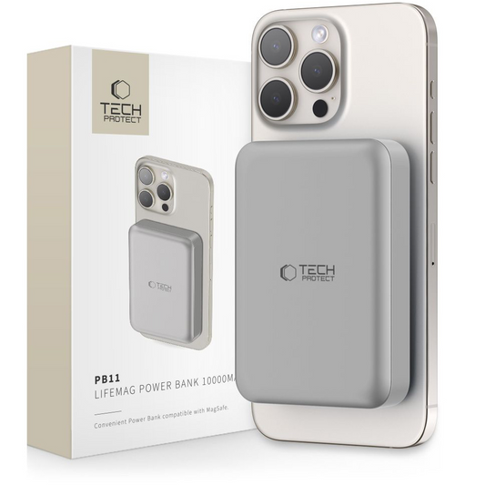 Bezdrátová externí baterie Tech-Protect PB11 LifeMag, 10000mAh, 15W, PD + FQI, 1 x QI - 1 x USB-C, šedá, znovu zabalená