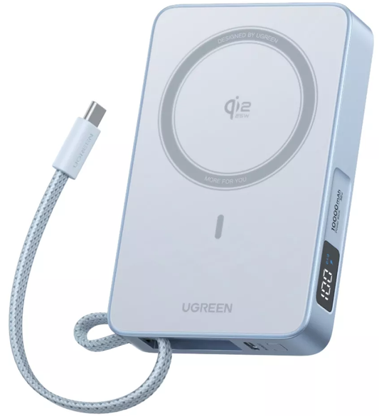 Externí bezdrátová baterie UGREEN MagFlow PB773, 10000mAh, 25W, PD + FQI, 1 x QI - 2 x USB-C, Modrá