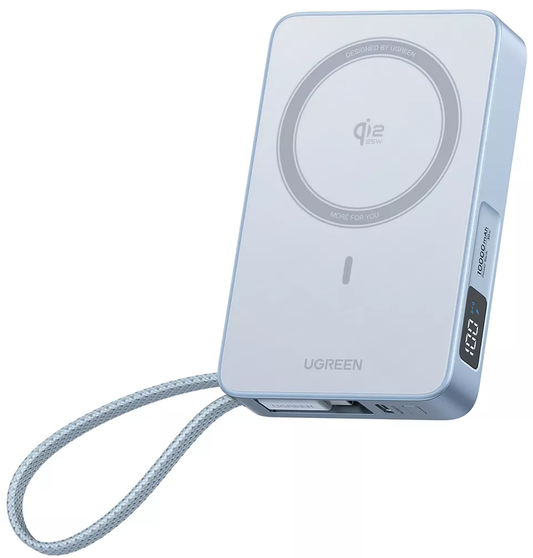 Externí bezdrátová baterie UGREEN MagFlow PB773, 10000mAh, 25W, PD + FQI, 1 x QI - 2 x USB-C, Modrá