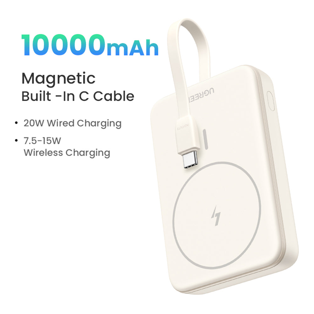Bezdrátová externí baterie UGREEN PB760, 10000mAh, 20W, PD + FQI, 1 x QI - 1 x USB-C, Béžová