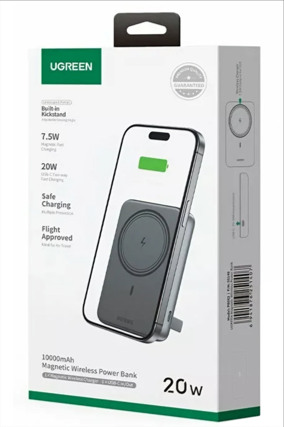 Bezdrátová externí baterie UGREEN PB561, 10000mAh, 20W, PD + FQI, 1 x QI - 1 x USB-C, Černá