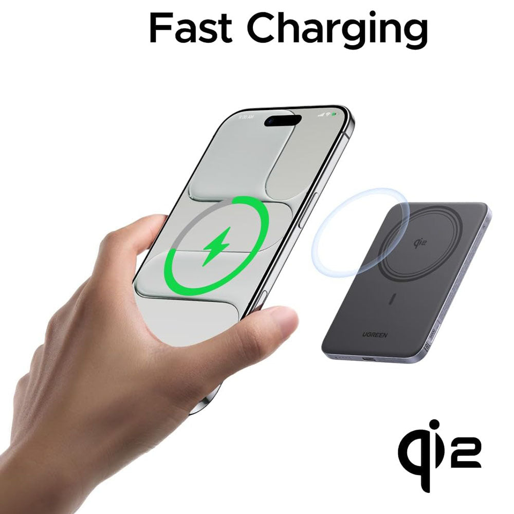 Bezdrátová externí baterie UGREEN PB580 (75984B), 5000mAh, 15W, PD + FQI, 1 x QI - 1 x USB-C, Šedá