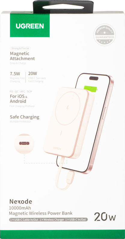 Bezdrátová externí baterie UGREEN PB760, 10000mAh, 20W, PD + FQI, 1 x QI - 1 x USB-C, Béžová