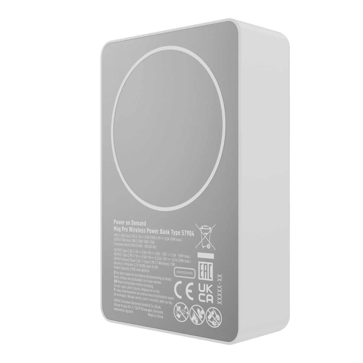 Externí bezdrátová baterie Varta Mag Pro, 10000mAh, 20W, 1 x QI - 2 x USB-C, Bílá