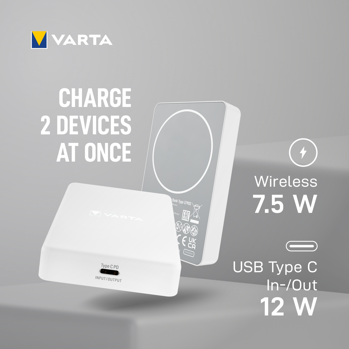 Varta Mag Pro Wireless External Battery, 5000mAh, 12W, 1 x QI - 1 x USB-C, White