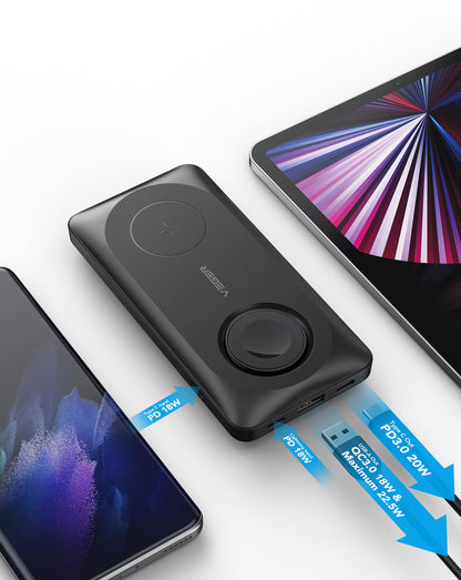 Externí bezdrátová baterie Veger MagMulti W1156, 10000mAh, 22.5W, QC + PD + FQI, 2 x QI - 1 x USB-A - 1 x USB-C, Černá