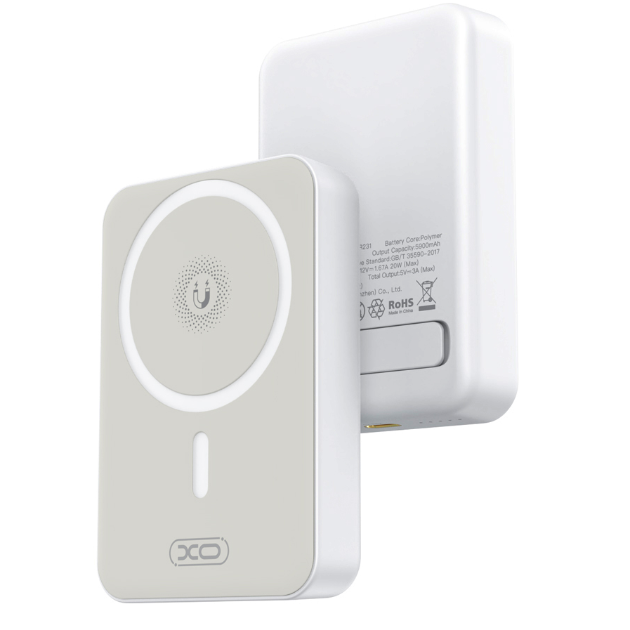 XO Design PR231 Wireless External Battery, 10000mAh, 20W, PD + FQI, 1 x QI - 1 x USB-C, White