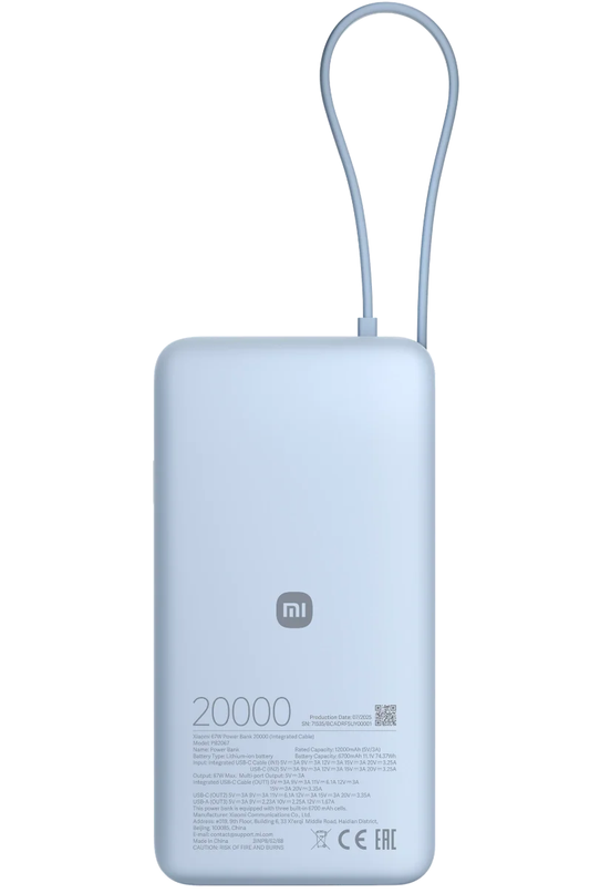 Externí baterie Xiaomi, 20000mAh, 67W, QC + PD, 1 x USB-A - 2 x USB-C, Modrá BHR08O8GL