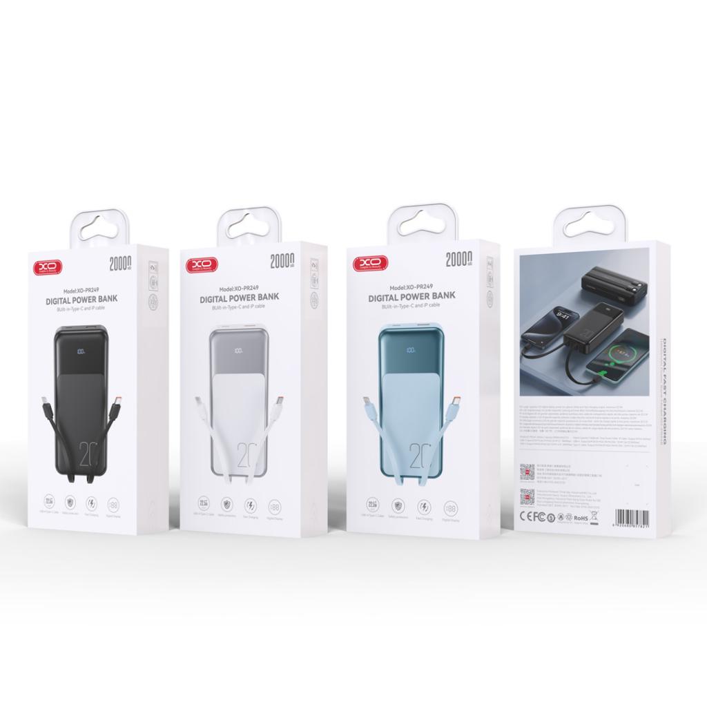 Externí baterie XO Design PR249, 20000mAh, 22.5W, QC + PD, 1 x Lightning - 1 x USB-A - 2 x USB-C, Bílá