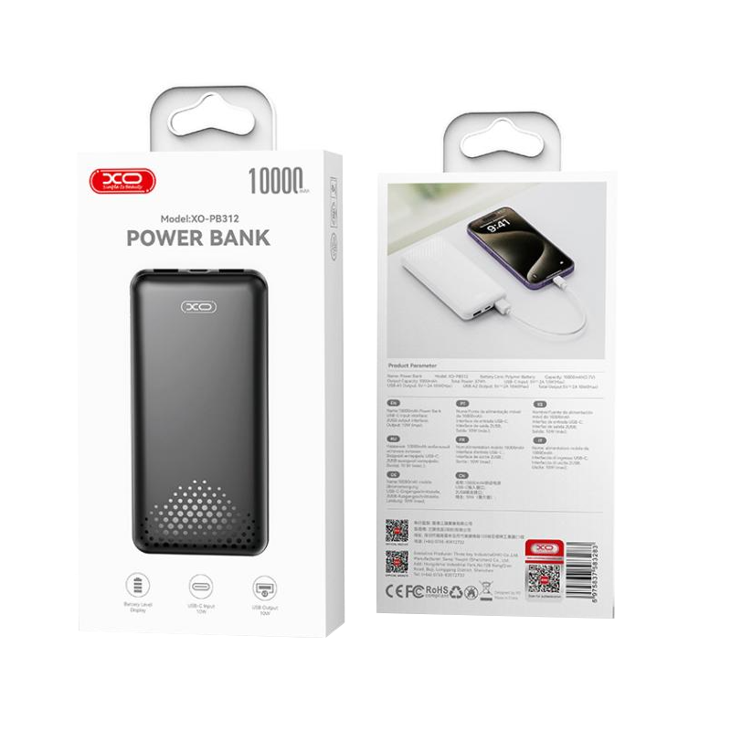 Externí baterie XO Design PB312, 10000mAh, 10W, 2 x USB-A, Černá