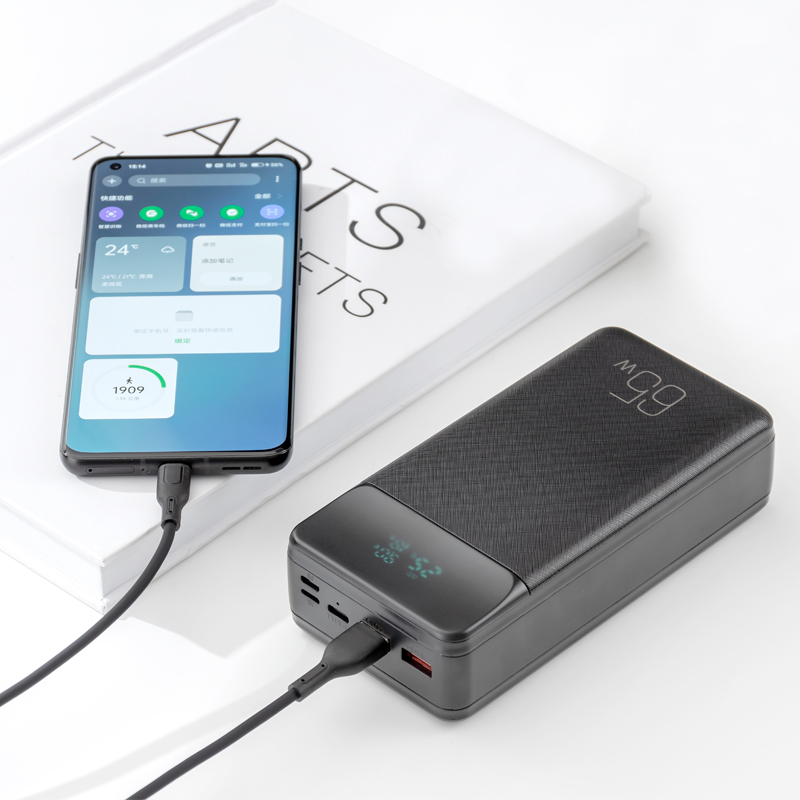 Externí baterie XO Design PR201, 30000mAh, 65W, QC + PD, 1 x USB-C - 2 x USB-A, Černá