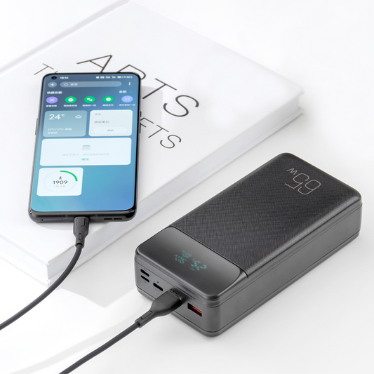 Externí baterie XO Design PR201, 30000mAh, 65W, QC + PD, 1 x USB-C - 2 x USB-A, Černá