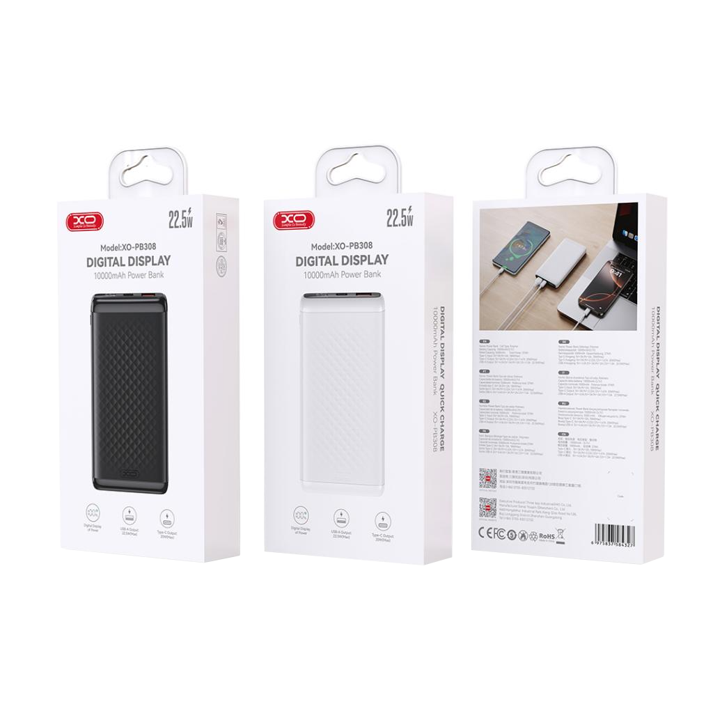 Externí baterie XO Design PB308, 10000mAh, 22,5W, QC + PD, 1 x USB-A - 1 x USB-C, černá