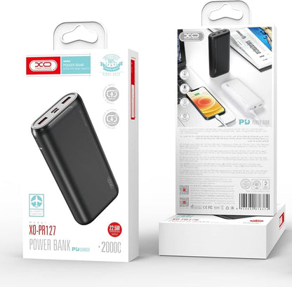 Externí baterie XO Design PR127, 20000mAh, 22.5W, QC + PD, 1 x USB-C - 2 x USB-A, Černá