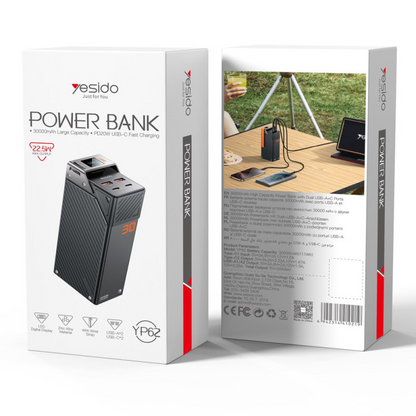 Externí baterie Yesido YP62, 30000mAh, 22.5W, QC + PD, 2 x USB-A - 2 x USB-C, černá