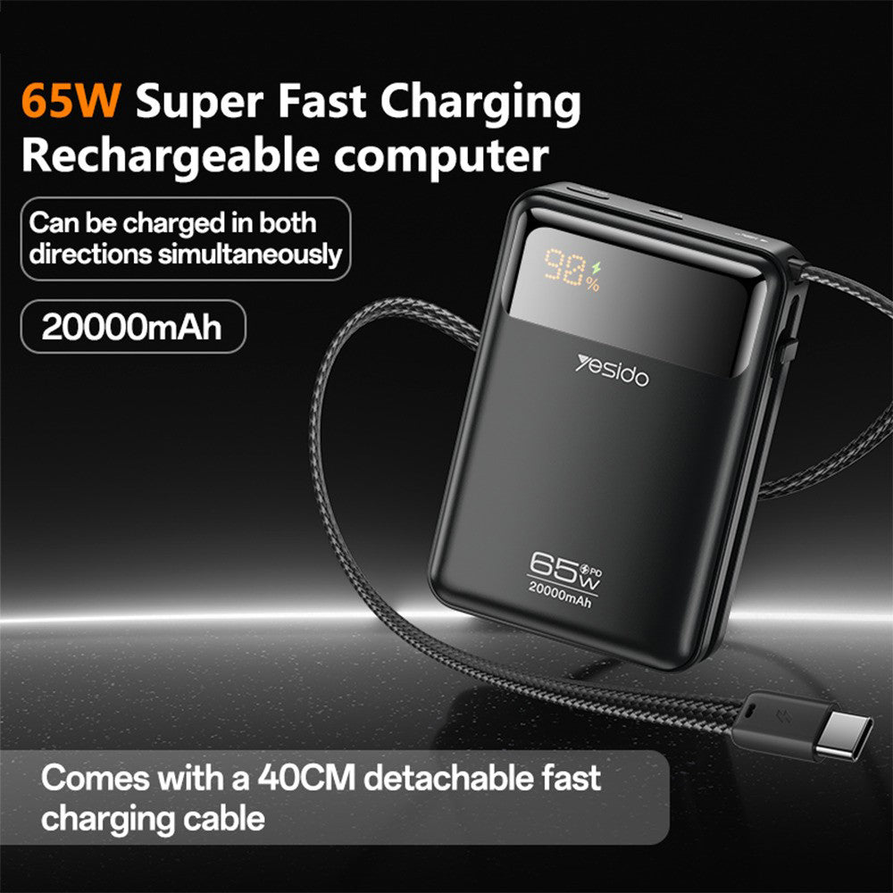 Externí baterie Yesido YP97, 20000mAh, 65W, PD, 2 x USB-C, šedá
