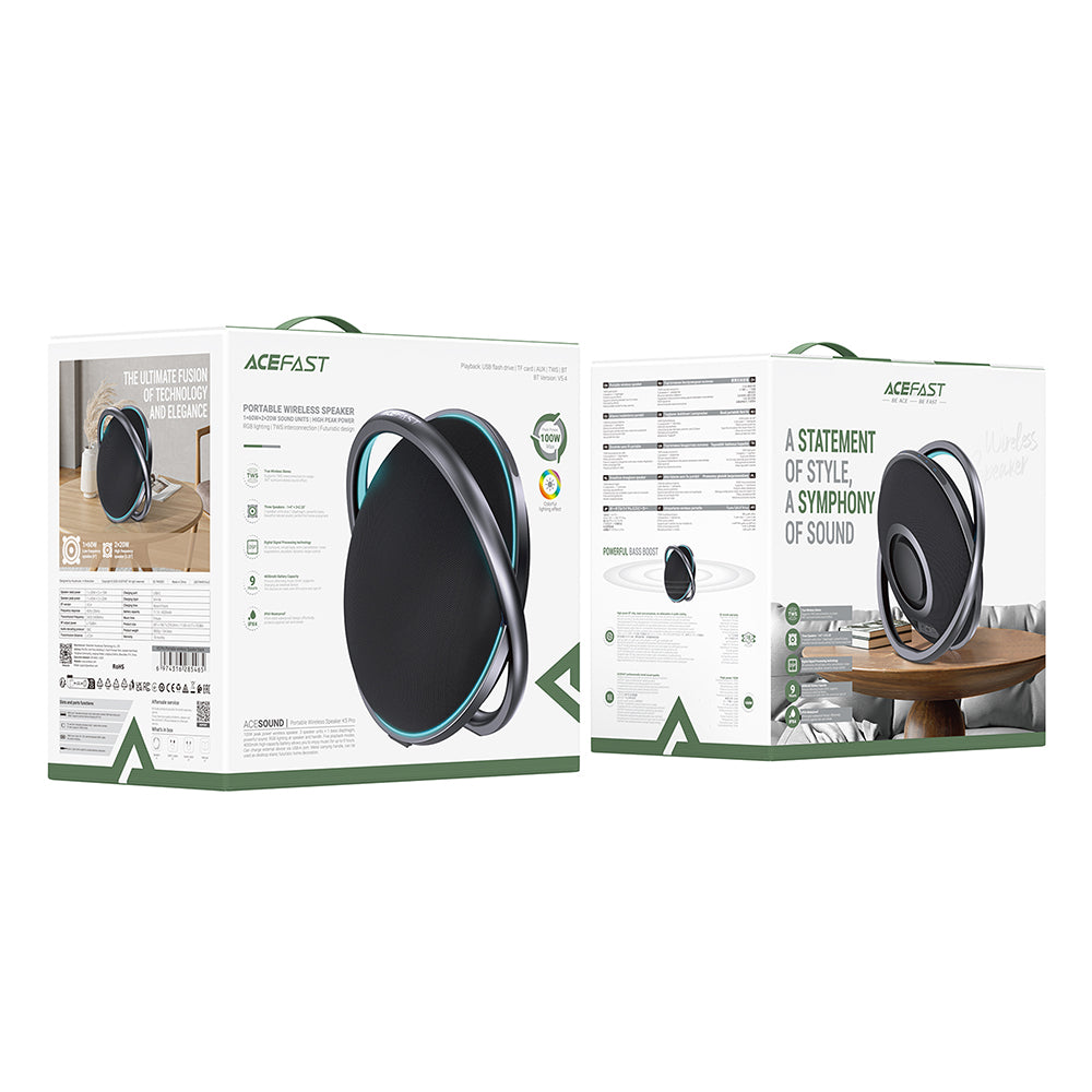 Bluetooth reproduktor Acefast K5 Pro, 100W, RGB, vodotěsný, černý.