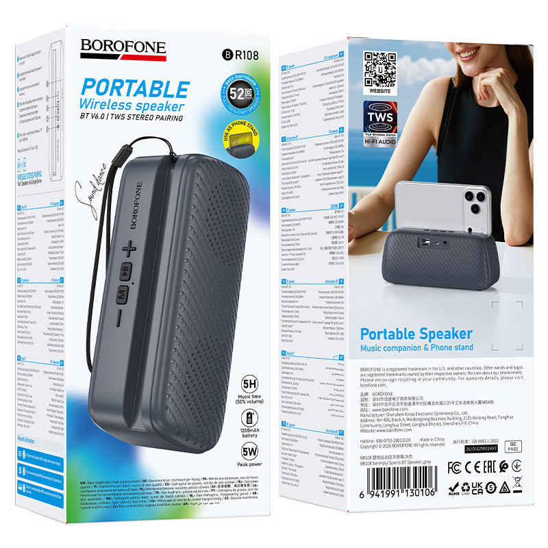 Přenosný Bluetooth reproduktor Borofone BR108 Serenjoy, 5 W, TWS, šedý