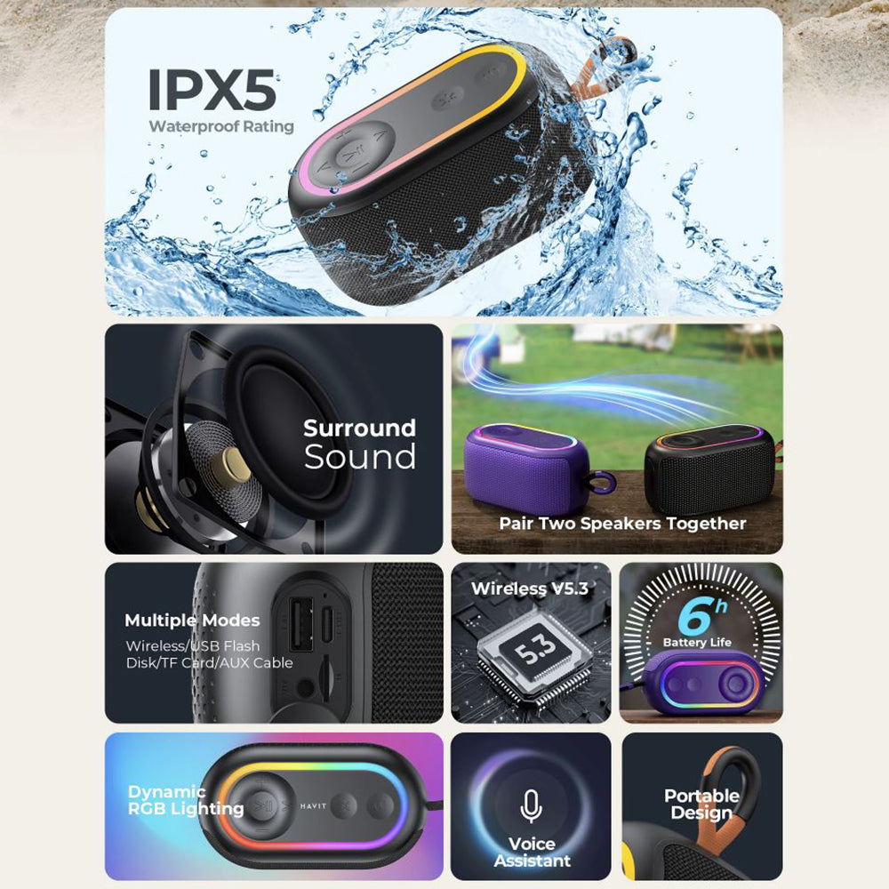 Přenosný Bluetooth reproduktor HAVIT SK809BT, 7W, RGB, voděodolný, fialový