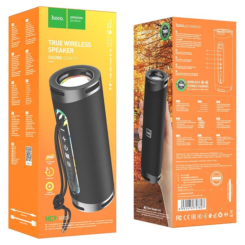 Přenosný Bluetooth reproduktor HOCO HC9 Dazzling Pulse Sports, 10W, TWS, RGB, černý