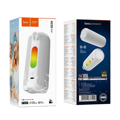 Přenosný Bluetooth reproduktor HOCO HC50, 8W, TWS, RGB, vodotěsný, bílý