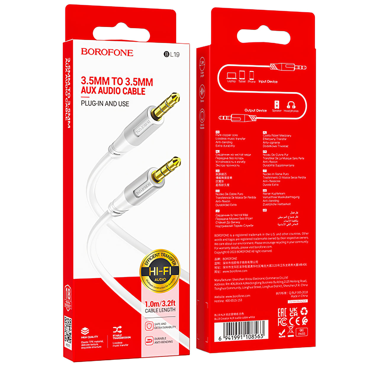 Audio Cable 3.5mm - 3.5mm Borofone BL19 Creator, 1m, White