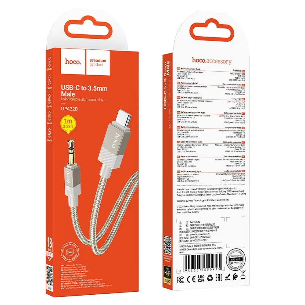 Audio kabel USB-C - 3.5mm HOCO UPA32B, 1m, Zlatý