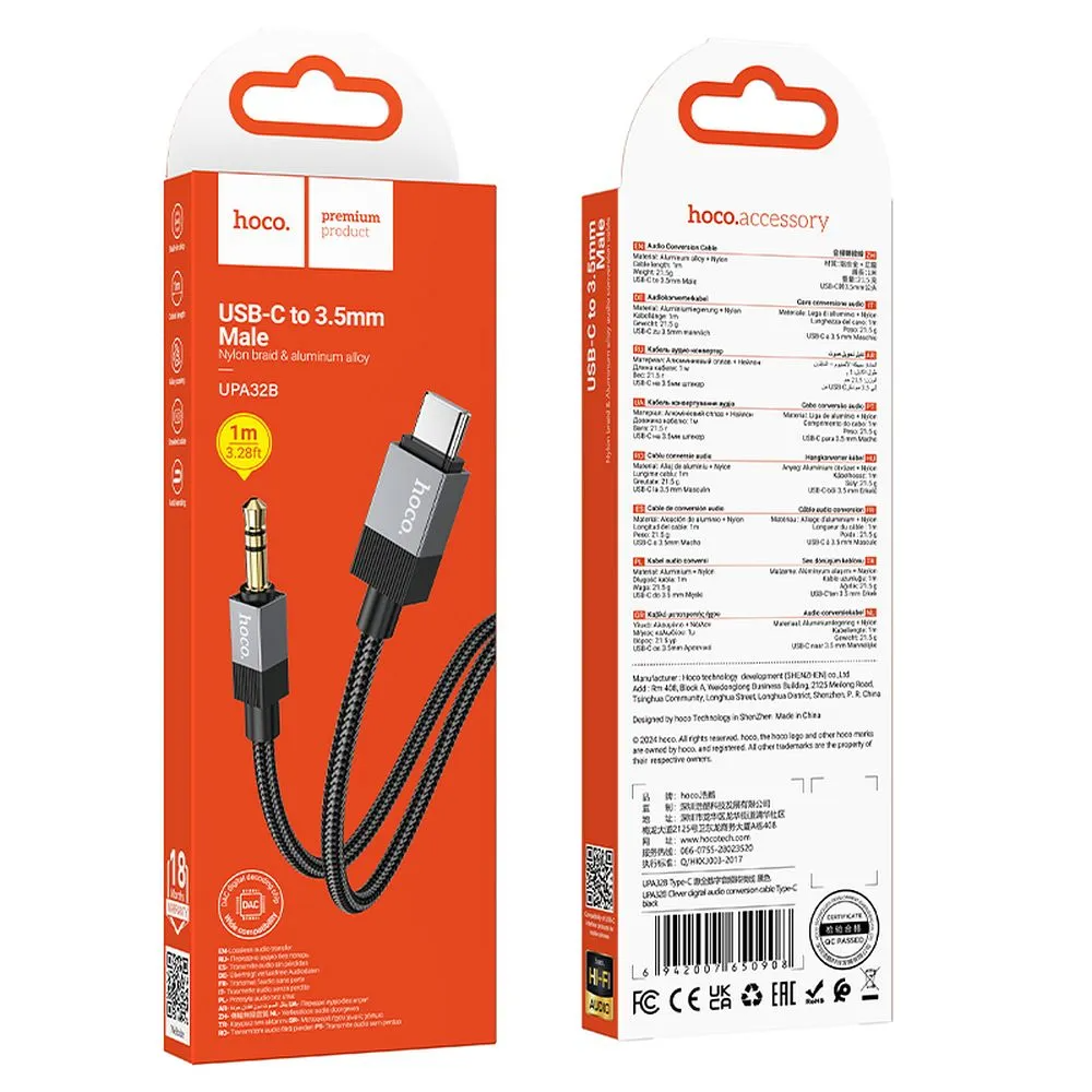 Audio kabel USB-C - 3.5mm HOCO UPA32B, 1m, Černý