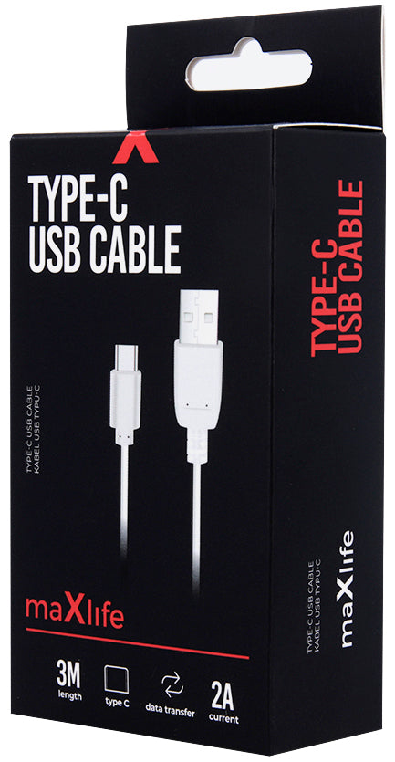 Datový a nabíjecí kabel USB-A - USB-C MaXlife, 20W, 3m, bílý