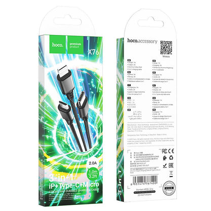 Nabíjecí kabel USB-A - Lightning / microUSB / USB-C HOCO X76 3v1, 18W, 1m, černý