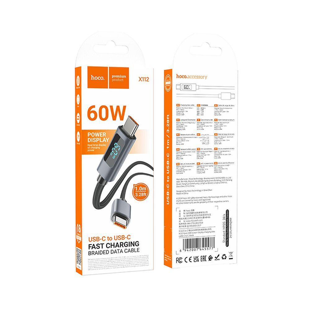 Kabel pro data a nabíjení USB-C - USB-C HOCO Display X112, 60W, 1m, černý