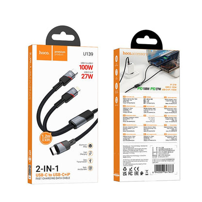 Kabel pro data a nabíjení USB-C - Lightning / USB-C HOCO U139 2v1, 100W, 1.2m, černý