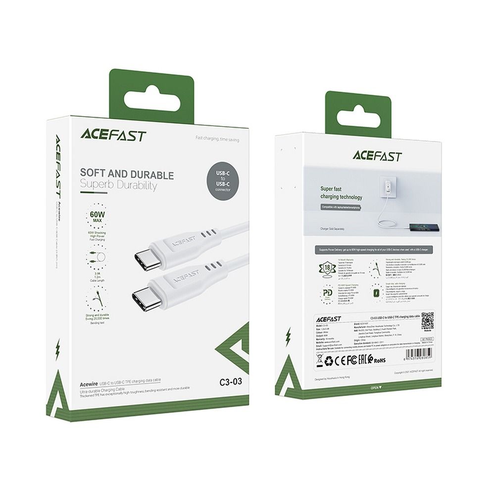 Datový a nabíjecí kabel USB-C - USB-C Acefast C3-03, 60W, 1.2m, bílý
