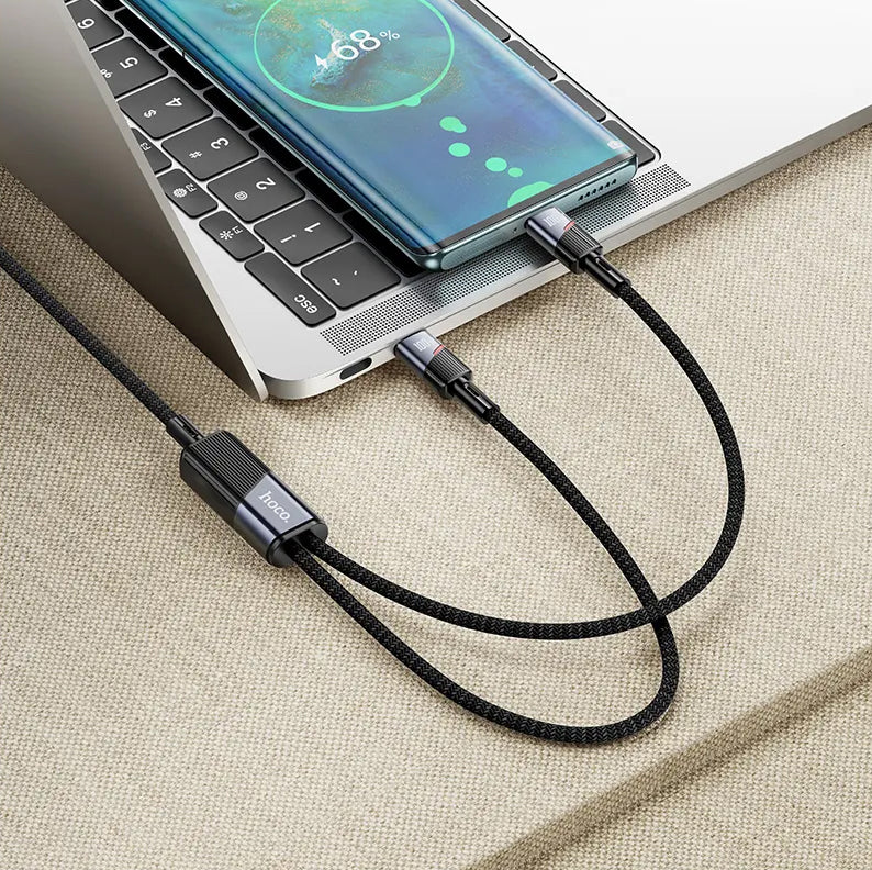 Datový a nabíjecí kabel USB-C - 2 x USB-C HOCO U139 2v1, 100W, 1.2m, Černý
