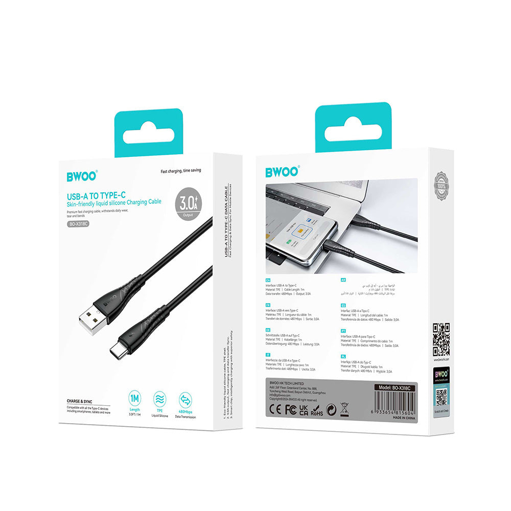 Datový a nabíjecí kabel USB-A - USB-C BWOO BO-X318C, 27W, 1m, černý